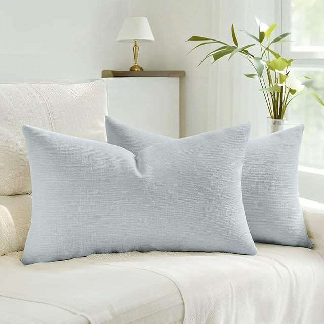 HAUSSY Pack of 2 Lumbar Pillow Covers 12x20 Inch, Linen Decorative Throw Pillows Soft Boho Neutral Cushion Covers Home Decor Modern Pillowcases for Couch Living Room Sofa Bed, Dusty Blue (Covers Only)