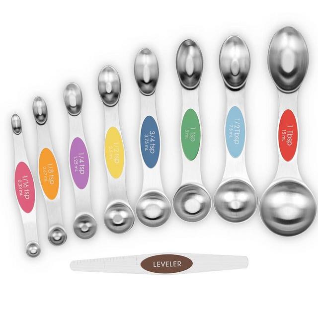 Aovchei 9 PCS Magnetic Measuring Spoons Set, Dual Sided, Stainless Steel Small Tablespoon, Teaspoons, Fits in Spice Jars, for Dry and Liquid, MultiColor