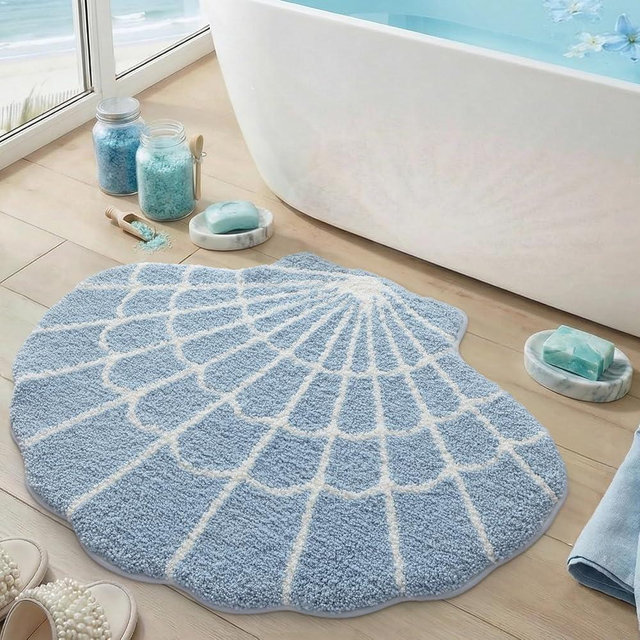 DEXI Seashell Bathroom Rugs Non Slip Washable, 30x38 Ultra Soft Cute Bath Mats for Bathroom Absorbent Quick Dry, Coastal Sea Bathmat for Shower Floor, Tub, Sink, Blue