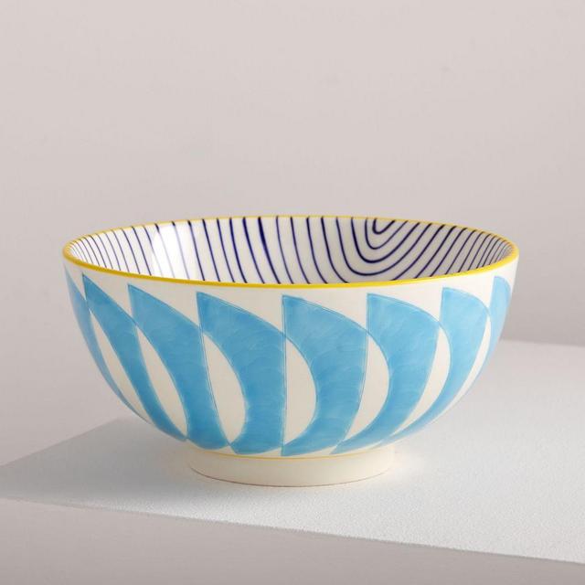 Hand-Painted Pattern Pop Bowl, Large, Clear Blue Half Moon, Set of 4