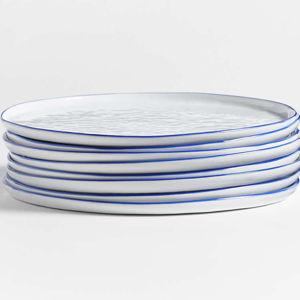 Mercer Blue Rim Round Porcelain Dinner Plates, Set of 8