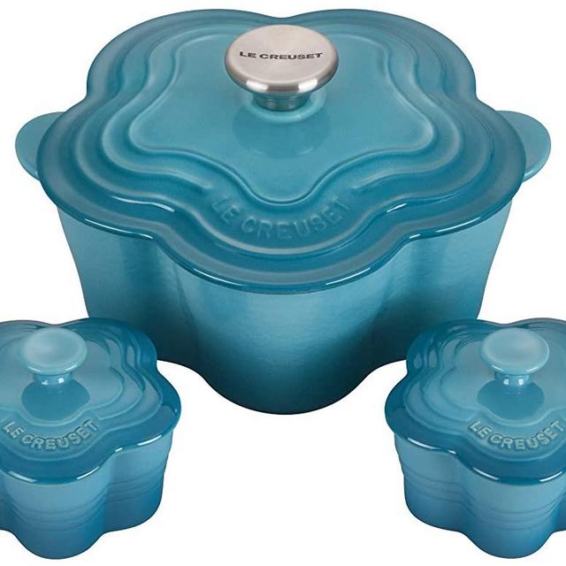 Le Creuset Enameled Cast Iron 2.25qt. Flower Cocotte and (2) Stoneware Mini flower Ramekins