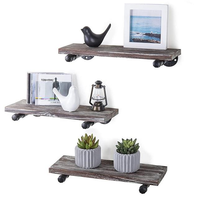 MyGift Urban Rustic Wall-Mounted Torched Wood Floating Shelves, Set of 3