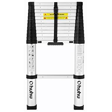 Ohuhu 12.5 FT Aluminum Telescopic Extension Ladder, ONE-BUTTON RETRACTION New Design Telescoping Ladder, ANSI Certified Extendable Ladder with Spring Loaded Locking Mechanism, 330 Pound Capacity