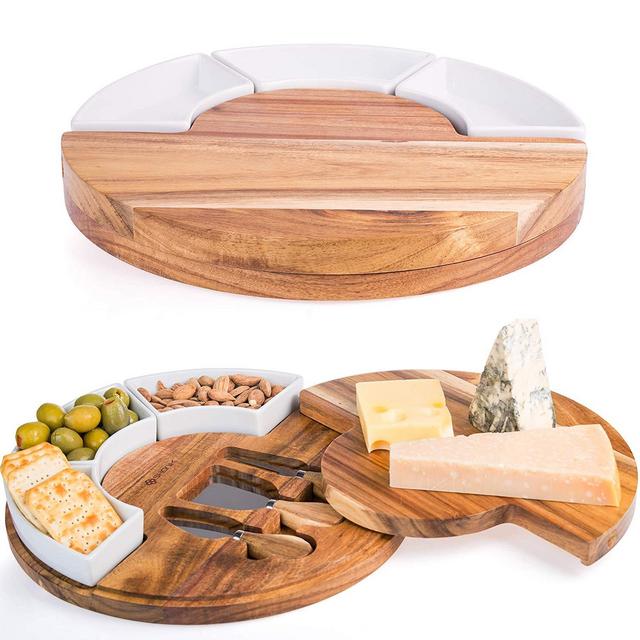 Shanik Cheese Cutting Board Set - Charcuterie Board Set and Cheese Serving Platter. Perfect Meat/Cheese Board and Knife Set for Entertaining and Serving. 3 Knies, Ceramic Bowl and Wine Server Plate.