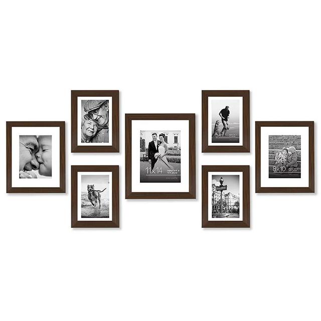 Americanflat 7 Pack Walnut Gallery Wall Set | Displays One 11x14, Two 8x10, and Four 5x7 inch photos. Shatter-Resistant Glass. Hanging Hardware Included!