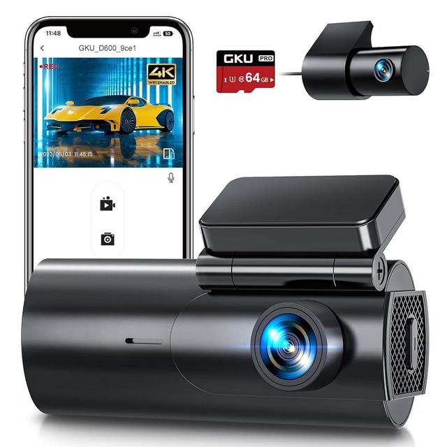 GKU Dash Cam Front and Rear Camera, 4K/2.5K Full Dashcams for Cars with 64GB SD Card, WiFi & App Control, Night Vision, Parking Mode, G-Sensor, Loop Recording,WDR,170° Wide Angle (D600)
