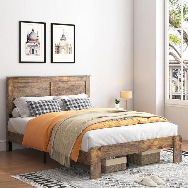 YHJIV Wood Queen Bed Frame with Headboard, Rustic Farmhouse Platform Bed Frame with 12 Wood Slats Support, No Box Spring Needed, Easy Assembly (Vintage Brown, Queen)