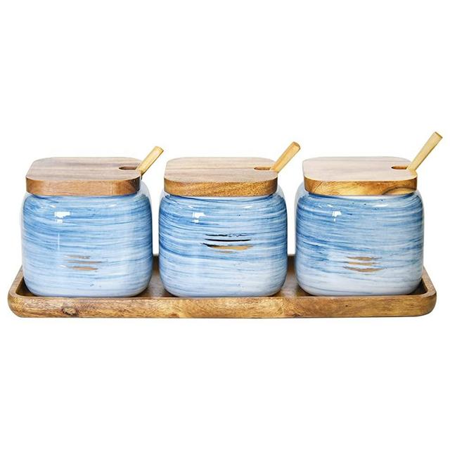 3 Pcs Porcelain Condiment Jar Sugar Bowls Ceramic Coffee Jar Set Ceramic Seasoning Jar with Lid Spoon and Tray / Food Storage Canister