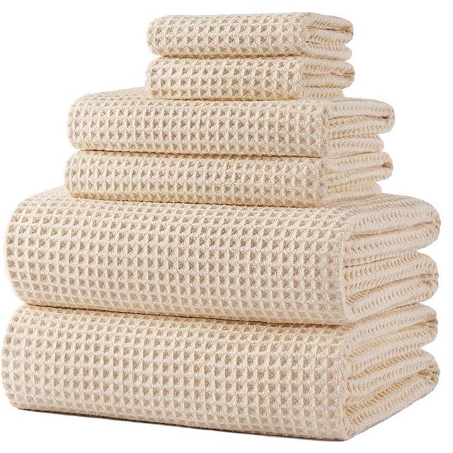 POLYTE Oversize, 60 x 30 in., Quick Dry Lint Free Microfiber Bath Towel Set, 6 Piece (Light Beige, Waffle Weave)
