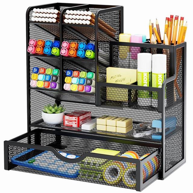 Marbrasse Mesh Pen Holder for Desk, Desk Organizer with Drawer, Multi-Functional Pencil Organizer, Desk Organizers and Accessories for Office Art Supplies (Black)