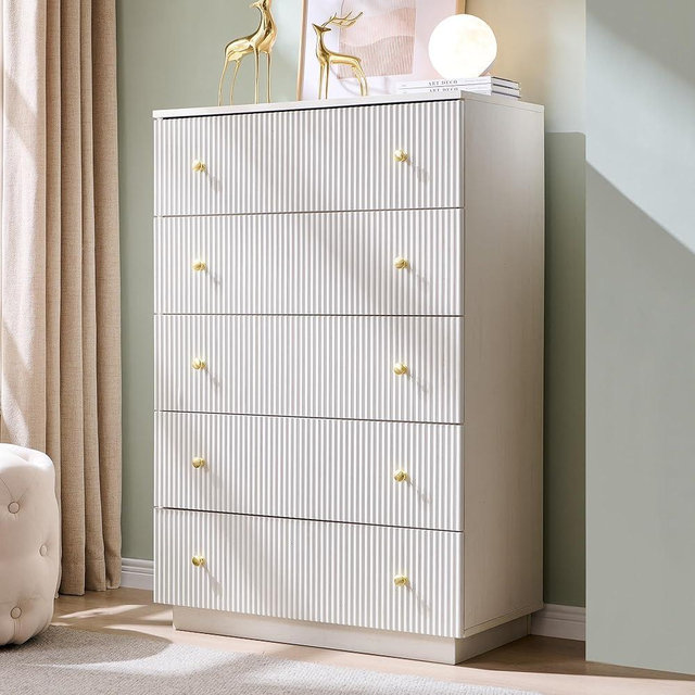 wow97e Fluted Dresser for Bedroom, White 5 Drawer Dressers, Wood Tall Dresser Storage Organizer, Chest of Drawers with Deep Storage, Modern Bedroom Chest for Closet Hallway, Entryway, Living Room