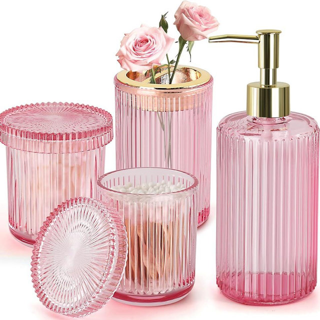RYTOXILO Pink Bathroom Accessories Set, Pink Bathroom Decor Accessory Sets Complete, 4 Pack Ribbed Grils Soap Dispenser and Toothbrush Holder Set with 2 Qtip Holders, Girly Bath Counter Essentials