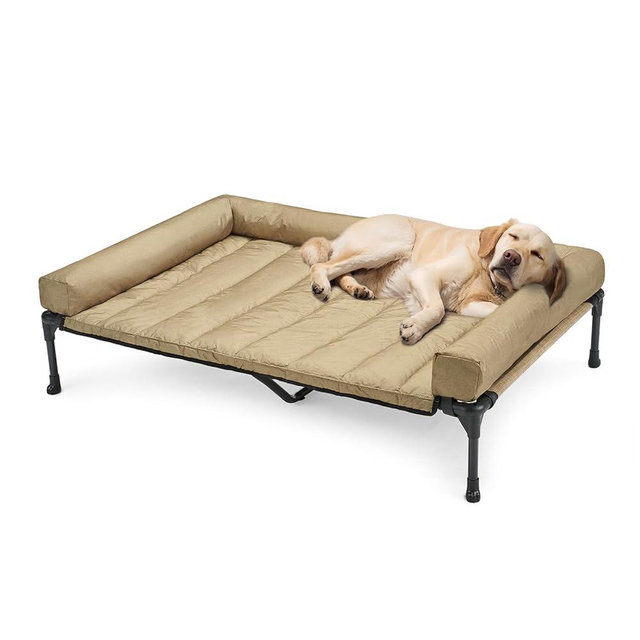 Veehoo Cooling Elevated Dog Bed Add Removable Waterproof Bolster Cushion Mat, Raised Pet Cot with Breathable Teslin Mesh, No-Slip Feet, Dog Couch Bed for Indoor Outdoor, 49x33inches, Beige, CWC2331B