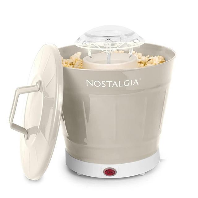 Nostalgia Hot Air Electric Popcorn Bucket with Lid, 24 Cup, Healthy Oil Free Popcorn with a Removable Serving Bucket for Easy Snacking, Khaki