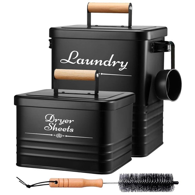 Farmhouse Metal Detergent Pod Container with Dryer Sheet Holder for Laundry Room Organization and Storage - Holds Over 200 Pods and 300 Sheets