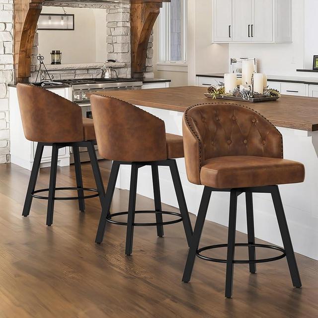Cozyman Counter Height Bar Stools Set of 3, 26" Swivel Faux Leather Upholstered Bar Stools with Backs and Metal Legs, Retro Counter Stools for Kitchen Island, Dining Room, Pub, Brown