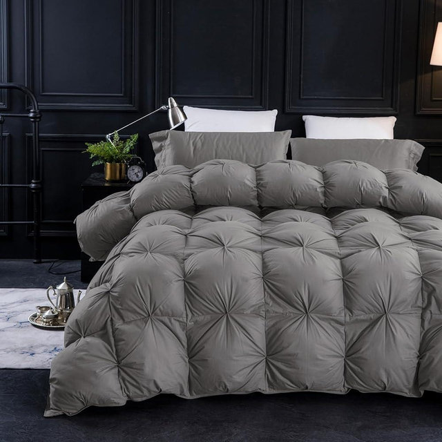Three Geese Pinch Pleat Duck Feather Down Fiber Comforter - All-Season Down Duvet Insert Fluffy Baffle Box Design with 8 Corner Loops for Warmth and Softness.