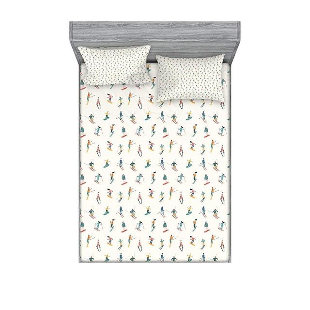 Lunarable Ski Fitted Sheet & Pillow Sham Set, Snowboard Winter Sports Themed Composition with Cartoon People Holiday Resort Activity, Decorative Printed 3 Piece Bedding Decor Set, King, Multicolor