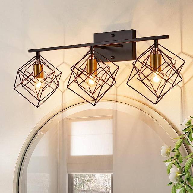 BEHIYA 3-Lights Bathroom Vanity Lights with Bulbs, Bathroom Light fixtures Over Mirror, Black and Gold Brushed Brass with Unique Rotatable 3 Cube Shades Enormous Lamp for Dressing Table