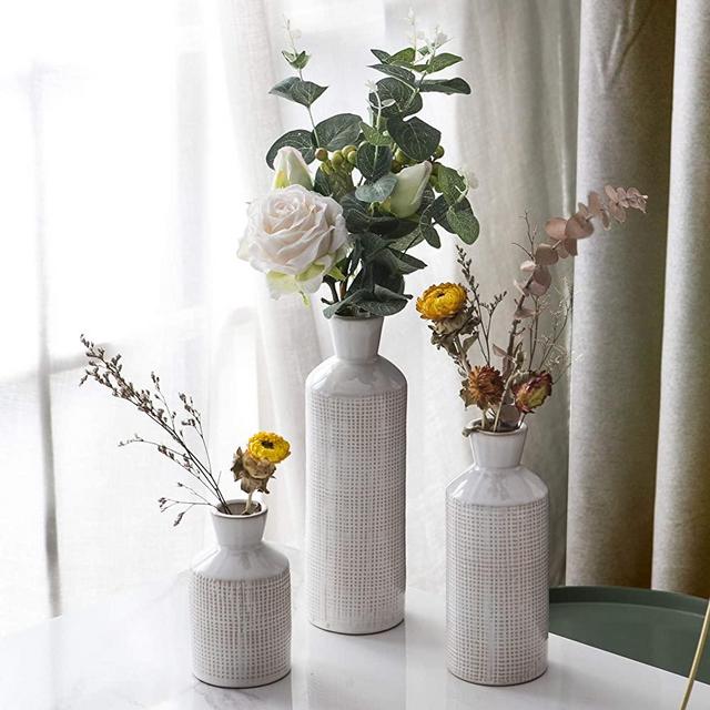 Set of 3 White Ceramic Vase Set Home Decor, Retro Distressed White Flower Vases Ideal Gift for Wedding Special Occasion Dried Floral Arrangements Home Office Spa (5in 7.5in and 10in Tall, 3 Sizes)