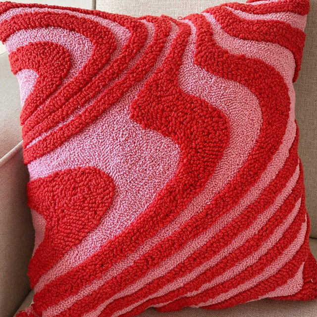 Hand Tufted Punch Needle Pillow Cover,Decorative Embroidered Cushion Cover,Y2k Vibrant Wavy Lines,Fun Home Decor Rug,Psychedelic Printed