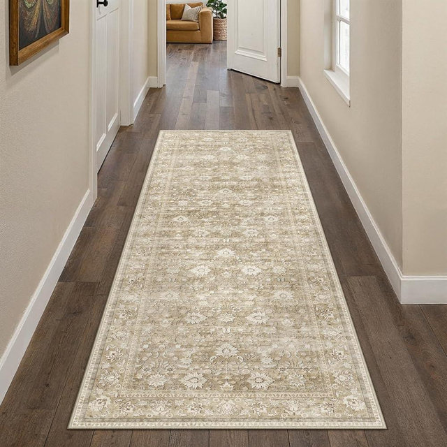 HUGEAR 2x6 Runner Rug Machine Washable Beige Hallway Area Rugs Indoor Accent Rugs Floral Low Pile Carpet Distressed Throw Rug Bedroom Living Room Office Dining Kitchen Laundry Non Slip