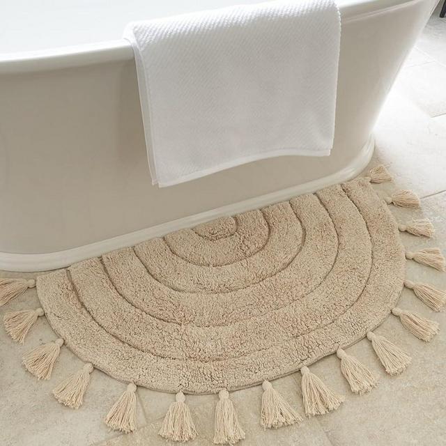 Beautiful Boho Rug with Tassels for Your Bathroom - Soft Half Circle 100% Cotton Mat Fits Perfectly Into Your Home - A Cute, Non-Slip and Absorbent Crochet Rug Ideal to Enhance Any Bath/Bedroom Decor