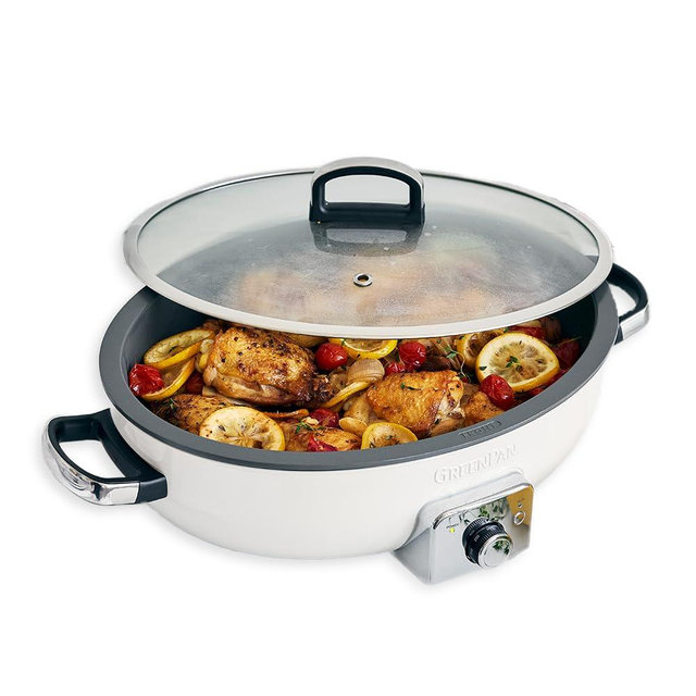 GreenPan Elite 5.5QT Electric Oval Skillet, PFAS-Free Ceramic Nonstick, 1800 Watt, Dishwasher Safe Lid & Removable Crock, Adjustable Temp Control Multi-Cooker, Sear, Sauté, Rice, Stir-Fry, Cream White