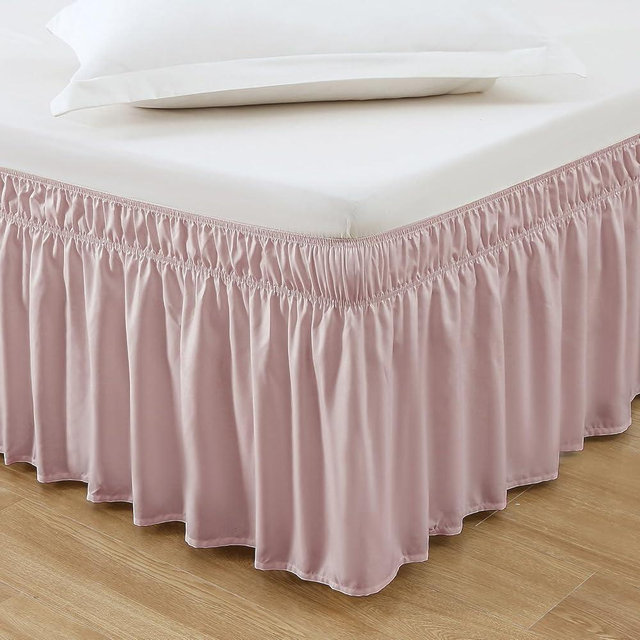 MEILA Wrap Around Bed Skirt Three Fabric Sides Elastic Dust Ruffled 16 Inch Tailored Drop,Easy to Install Fade Resistant-Light Pink, Queen/King