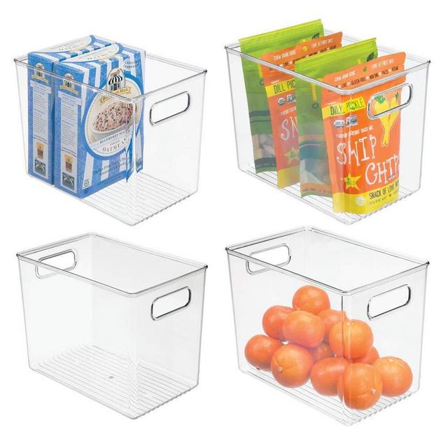 mDesign Deep Plastic Food Storage Container Bin with Handles - for Kitchen, Pantry, Cabinet, Fridge/Freezer - Slim Organizer for Snacks, Produce, Pasta - 10" x 6.5" x 8" - 4 Pack - Clear
