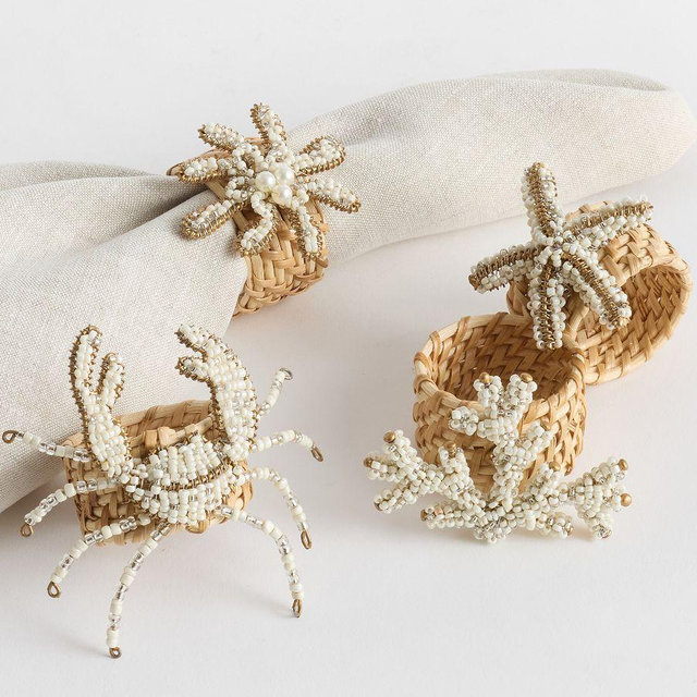Beaded Coastal Napkin Rings, Mixed Set of 4 - Neutral