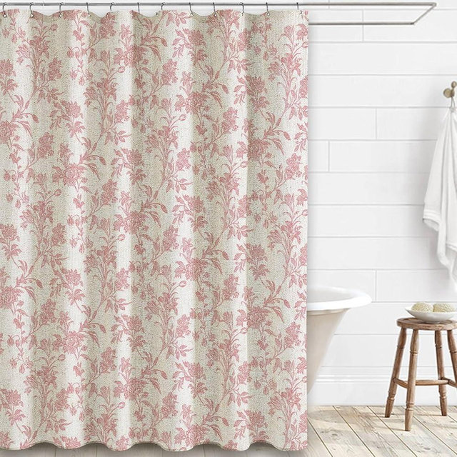 Pink Shower Curtain Floral Cotton Linen Cottagecore Shower Curtain for Bathroom 72" W x 72" L