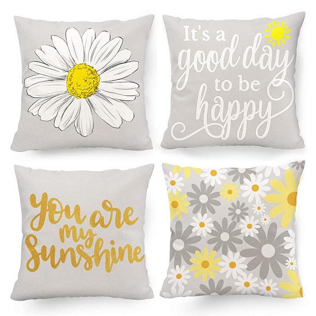 Hexagram Decorative Set of 4 Throw Pillow Covers Yellow and Grey, Pillow Covers 18 x 18 Sunflower Room Decor for Living Room Couch Cushion Bed Indoor Outdoor Yellow and Gray Home Decor