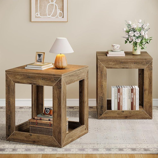 Tribesigns Farmhouse End Table Set of 2, 20" Large Square Side Table with Storage Shelf, Rustic Wood Nightstand for Bedroom, Living Room, and Office, Easy Assembly (Rustic Brown)