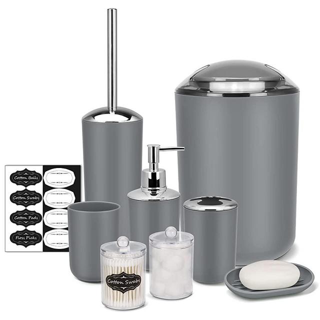 IMAVO Bathroom Accessory Set - 8 Pcs Grey Bathroom Accessories Set with Trash Can, Soap Dispenser, Soap Dish, Toothbrush Holder, Toothbrush Cup, Toilet Brush Holder, Qtip Holder Dispenser with Labels