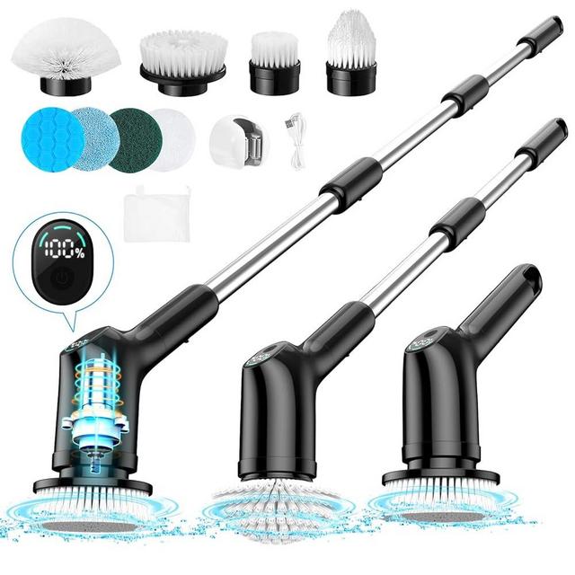 Electric Spin Scrubber, Shower Scrubber with 9 Replacement Scrubber Head, 53 inch Extension Arm, 1.5H Bathroom Scrubber Dual Speed, Electric Cleaning Brush for Bathroom Tub Grout Floor Car