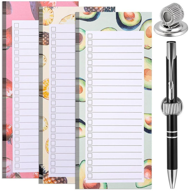 3 Pack Shopping List Pad & 1 Magnetic Pen Clip - 150 Tear Off Sheets - Magnetic Grocery List Notepad with Pen Holder for Fridge