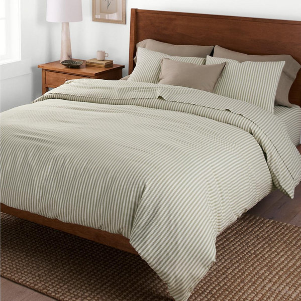 Sage Striped Hemstitched Linen Organic-Cotton Duvet Cover