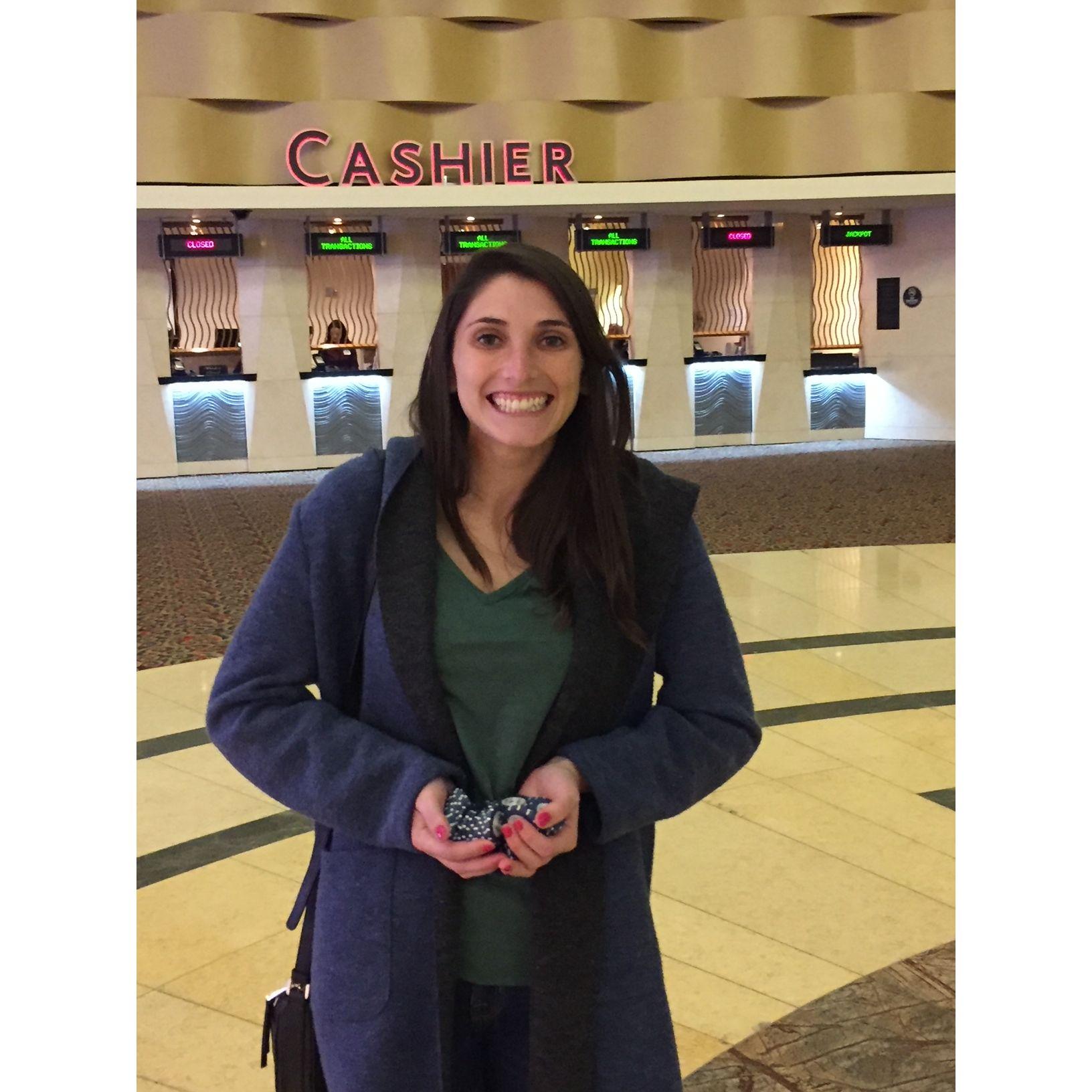 This is the time at Mohegan Sun Casino Ry played roulette and hit a number on the inside and won a bunch of chips. In her excitement she took the table chips and ran. As any seasoned gambler knows, you have to exchange those chips prior to leaving the table. She was super pumped up though!