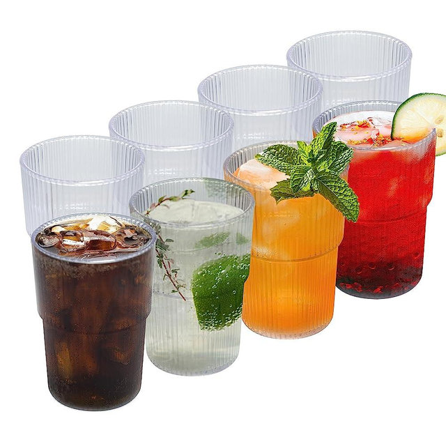 HIGIINC Shatterproof Plastic Water Tumbler, 17oz Ribbed Drinking Glasses. Stackable Dishwasher Safe Vintage Fluted Cup set of 8, Reusable Plastic Drinking Glasses for Cocktail, Whiskey, Iced Coffee