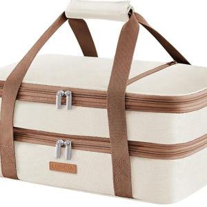 Double Decker Insulated Casserole Carrier for Hot or Cold Food, Lasagna Lugger Tote for Potluck Parties/Picnic/Cookouts, Fits 9"×13" Baking Dish, Cream