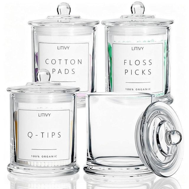 LITIVY 4 Pack Bathroom Organizers and Storage - 16 Oz Glass Qtip Holder & Cotton Pad Dispenser with Lid, Apothecary Jars for Home, Room Decor, Kitchen Organizer (Clear)