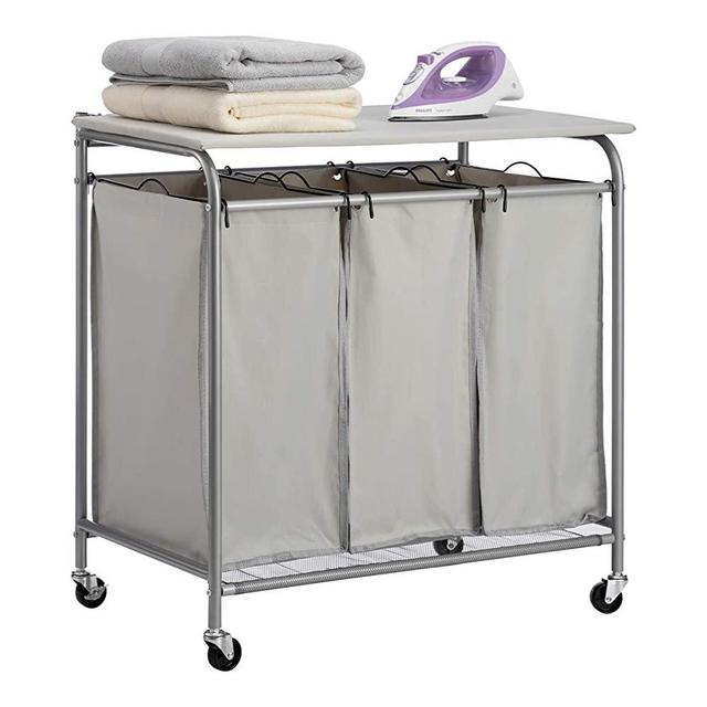 HollyHOME Laundry Sorter Cart with Foldable Ironing Board with Removable 3 Bags Laundry Hamper Sorter Grey