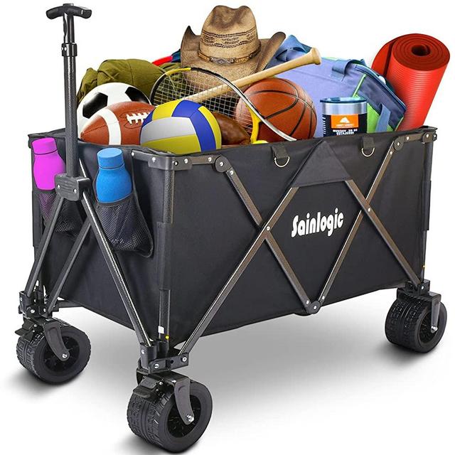 [5 Year Warranty] Sainlogic 280L Collapsible Folding Wagon with 330Lbs Large Capacity, Wagons Carts Heavy Duty Foldable with Big All-Terrain Beach Wheels & Drink Holders