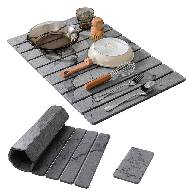 2 PCS Large Stone Dish Drying Mat for Kitchen Counter, , Marbled Water Absorbing Diatomaceous Earth Drying Pad for Countertop Bottles Utensils Cups 24"x16"& 8"x4"