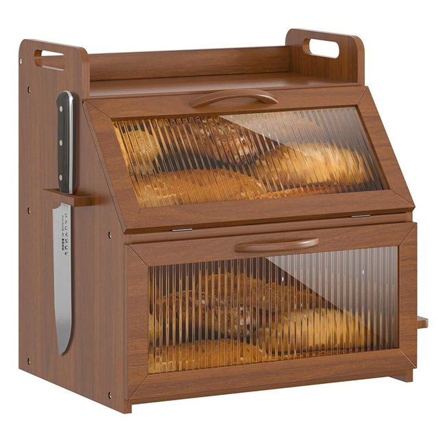 Bread Box, Bread Box for Kitchen Countertop, Large Bread Storage Container for Homemade Bread, Wooden Farmhouse Breadbox Organizers, Double Layer Bread Bin with Acrylic Window Bread Holder,Vintage