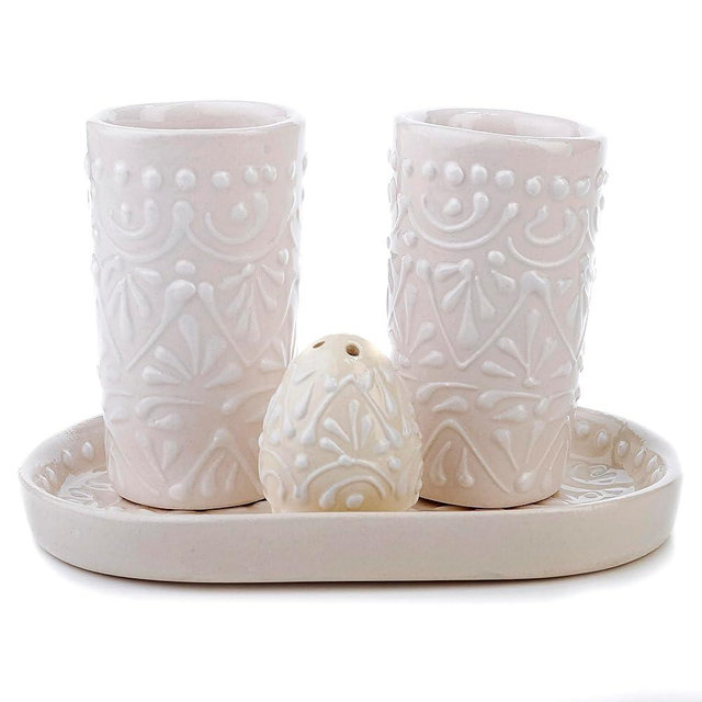 MEXTEQUIL Talavera Tequila Shot Glasses with Tray & Salt Shaker (Set of 2) - Hand-Painted Authentic Mexican Gift Set (White Lace)