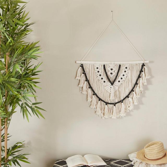 32" x 28" Cotton Macrame Handmade Intricately Weaved Wall Decor with Beaded Fringe Tassels Brown/White - Olivia & May