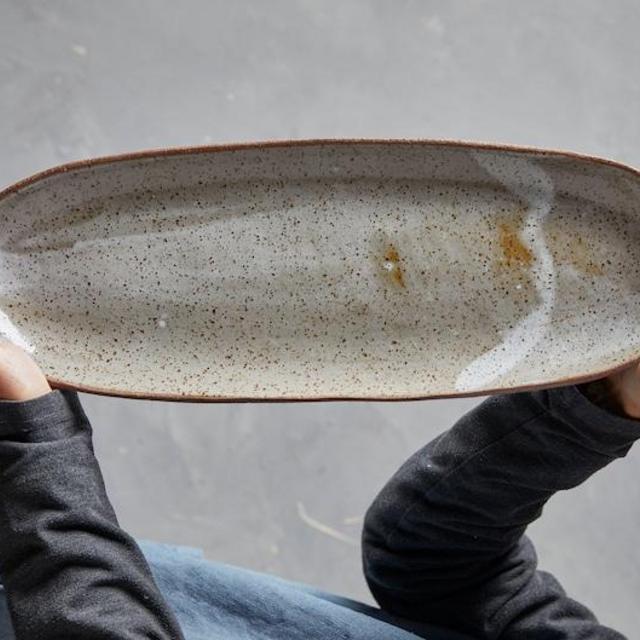 Extra Long Oval Shaped Serving Platter, Large 15" Ceramic Rice / Side-Dish Serving Plate, Off White Unique Handmade Cake Serving Dish